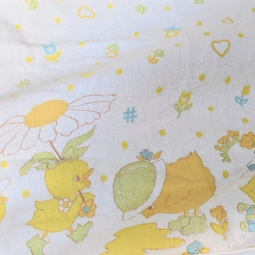 Vintage 70s Pastel Chick & Daisy Baby Blanket Roller Skating 38x28